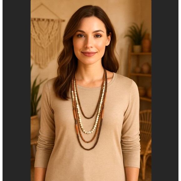 J. Jill Multi Strand Beaded Adjustable Necklace Brown Cream Wood Neutral Earthy - Picture 1 of 12